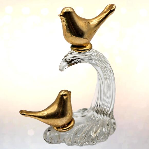 MCM Home Decor Accent - Vintage Brass Birds on Clear Art Glass Wave - Picture 1 of 7